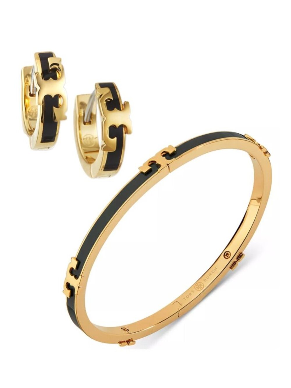 Tory Burch Black & Gold Enamel Serif Bangle Bracelet